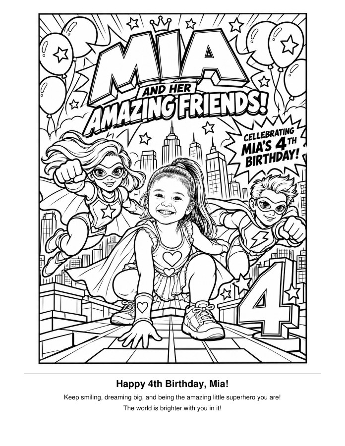 Mia and Her Amazing Friends superhero-themed coloring page created for a fourth birthday